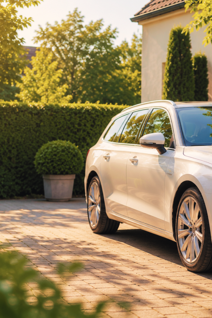 Clean white car outside home for priority maintenance mobile car cleaning service in Luxembourg | Clients Prioritaires | Priority Maintenance Clients