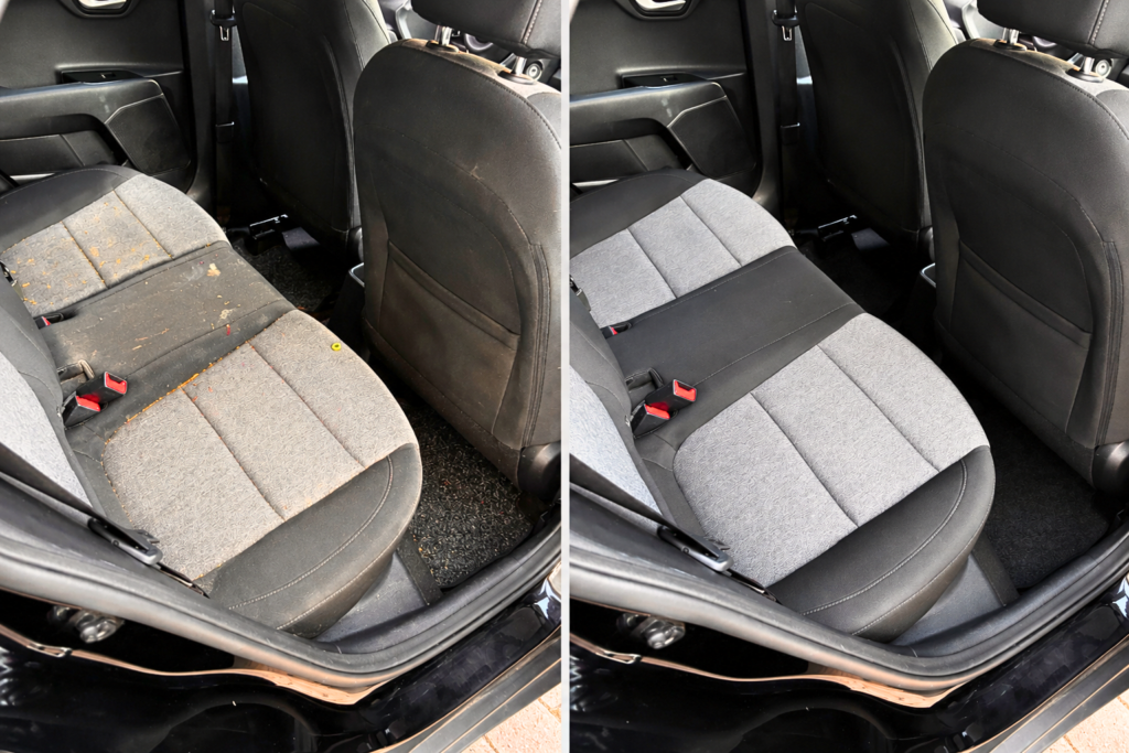 Before and after professional car stain removal service in Luxembourg.